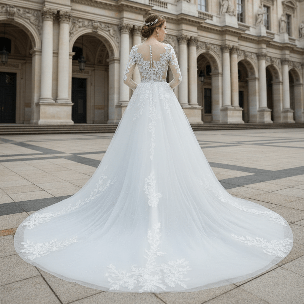 Sheer Bodice Long Sleeve A-Line Wedding Dress with Sparkly Tulle - Rosymae