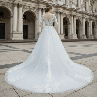 Sheer Bodice Long Sleeve A-Line Wedding Dress with Sparkly Tulle - Rosymae