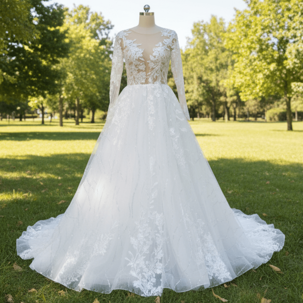 Sheer Bodice Long Sleeve A-Line Wedding Dress with Sparkly Tulle - Rosymae