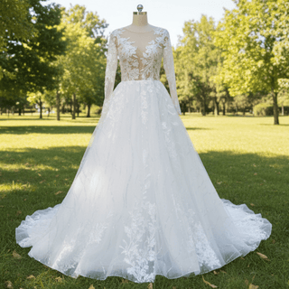 Sheer Bodice Long Sleeve A-Line Wedding Dress with Sparkly Tulle - Rosymae
