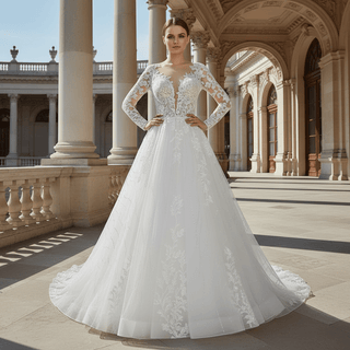 Sheer Bodice Long Sleeve A-Line Wedding Dress with Sparkly Tulle - Rosymae
