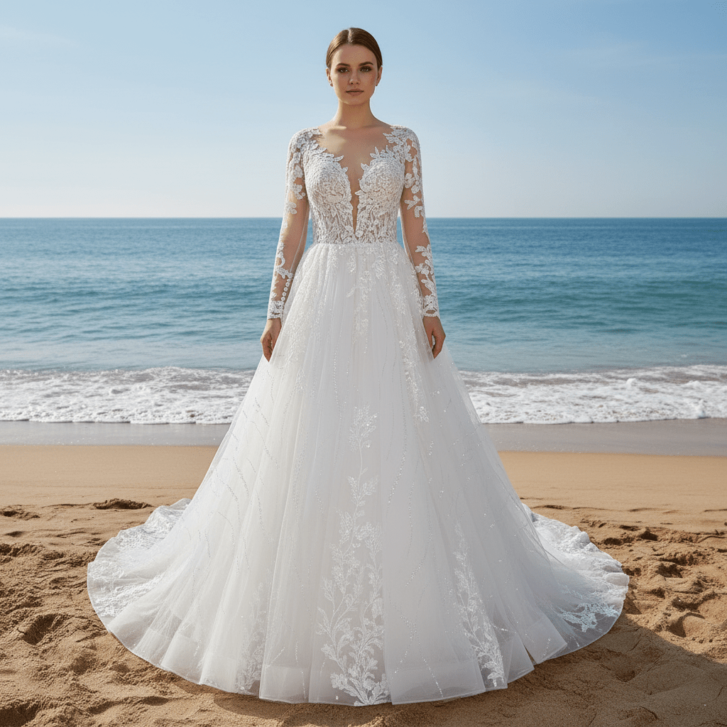 Sheer Bodice Long Sleeve A-Line Wedding Dress with Sparkly Tulle - Rosymae