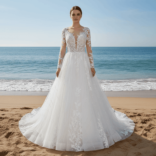 Sheer Bodice Long Sleeve A-Line Wedding Dress with Sparkly Tulle - Rosymae