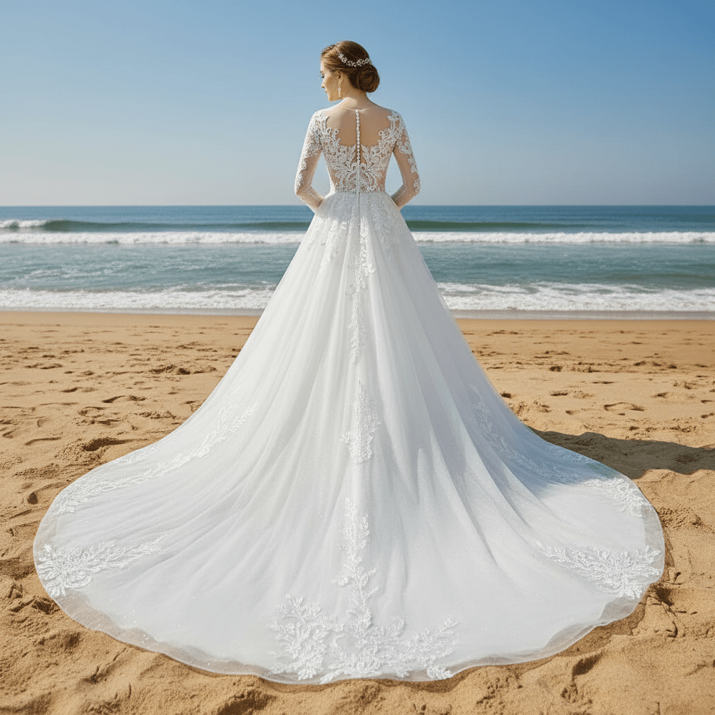 Sheer Bodice Long Sleeve A-Line Wedding Dress with Sparkly Tulle - Rosymae