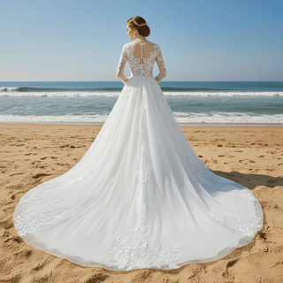 Sheer Bodice Long Sleeve A-Line Wedding Dress with Sparkly Tulle - Rosymae
