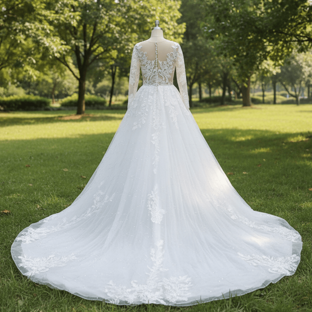 Sheer Bodice Long Sleeve A-Line Wedding Dress with Sparkly Tulle - Rosymae