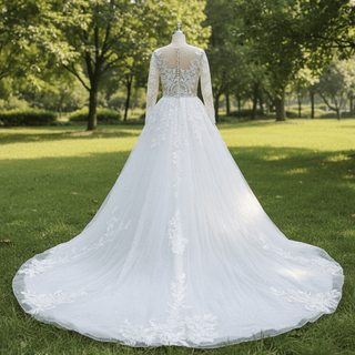 Sheer Bodice Long Sleeve A-Line Wedding Dress with Sparkly Tulle - Rosymae