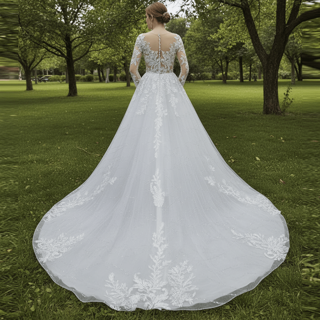 Sheer Bodice Long Sleeve A-Line Wedding Dress with Sparkly Tulle - Rosymae