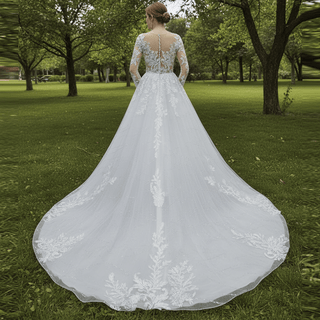 Sheer Bodice Long Sleeve A-Line Wedding Dress with Sparkly Tulle - Rosymae