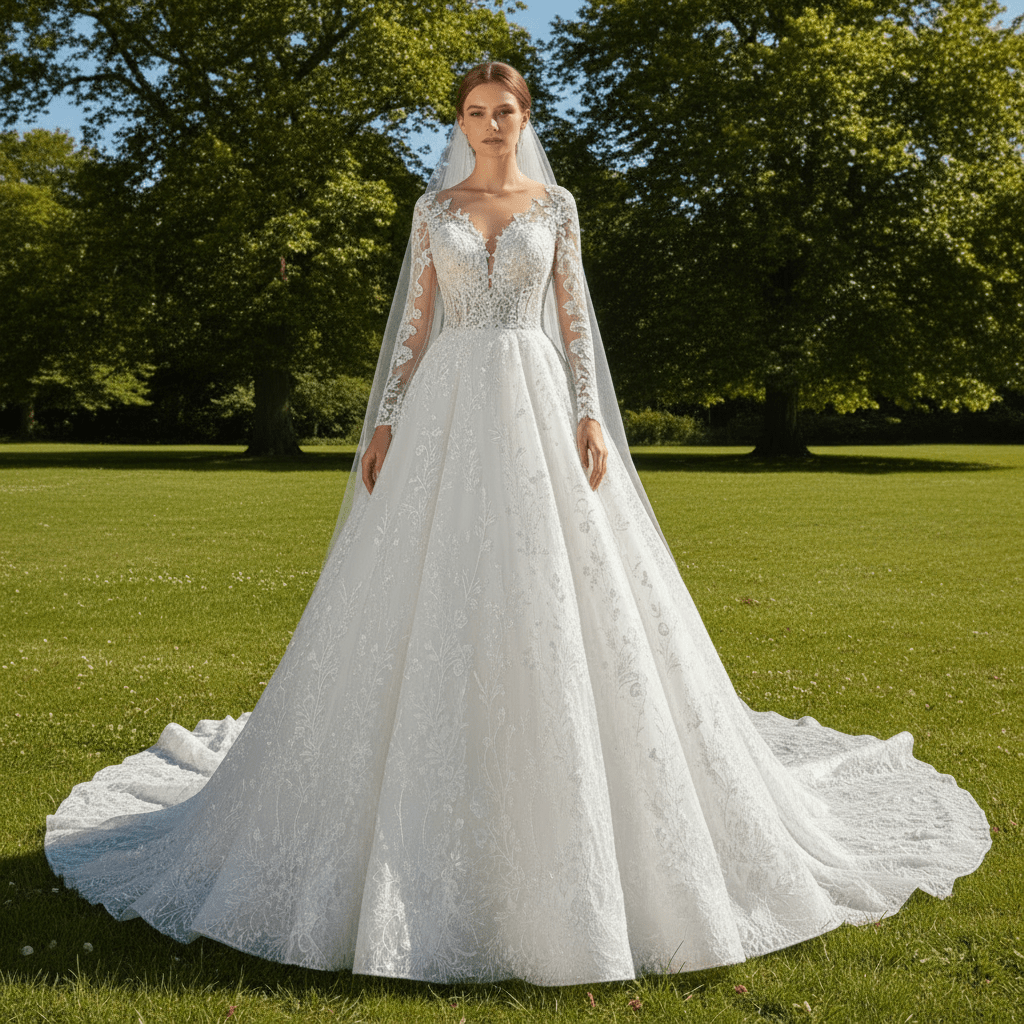 Sheer Bodice Long Sleeve Ball Gown Lace Overlay Wedding Dress - Rosymae