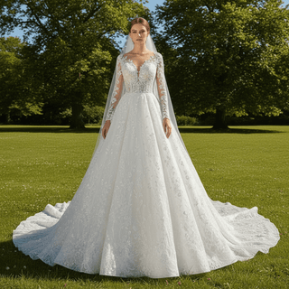 Sheer Bodice Long Sleeve Ball Gown Lace Overlay Wedding Dress - Rosymae