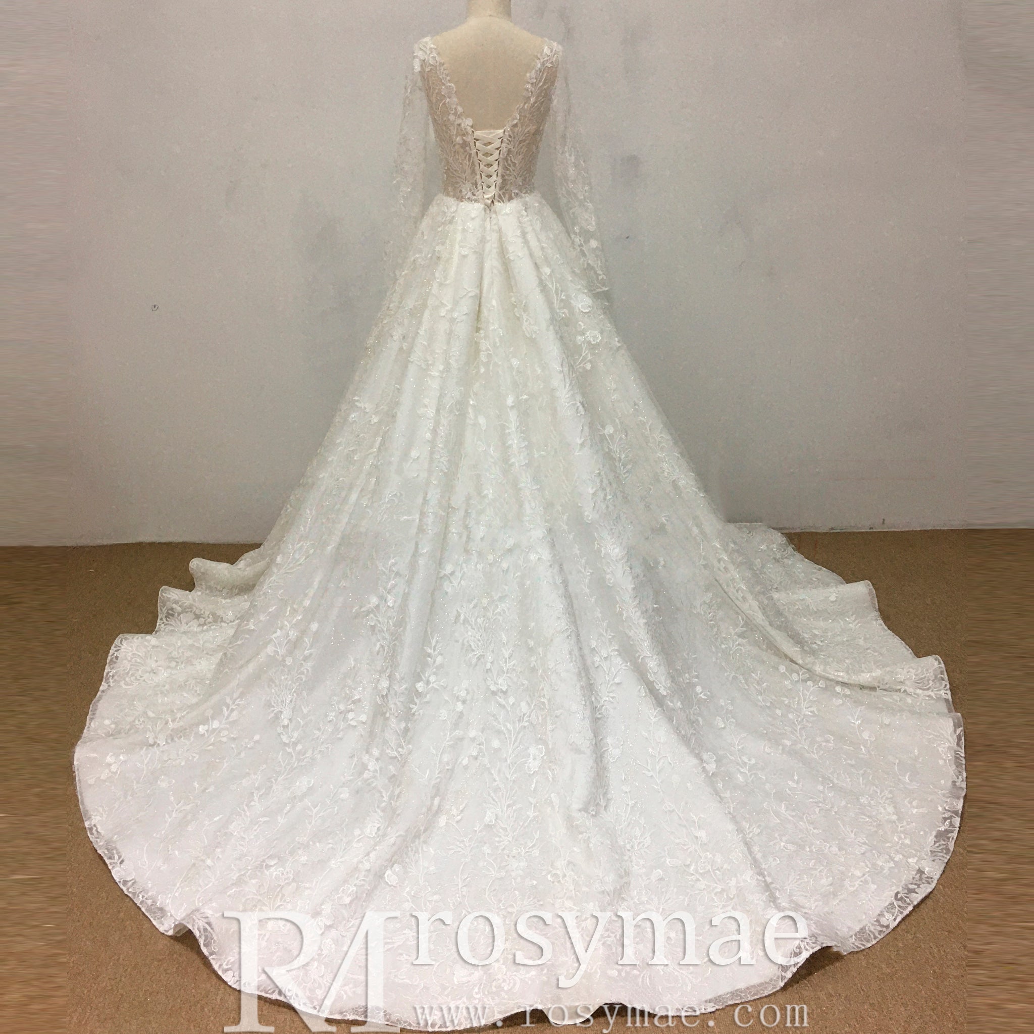 Sheer Bodice Long Sleeve Ball Gown Lace Overlay Wedding Dress - Rosymae