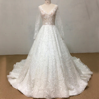 Sheer Bodice Long Sleeve Ball Gown Lace Overlay Wedding Dress - Rosymae
