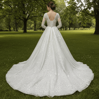Sheer Bodice Long Sleeve Ball Gown Lace Overlay Wedding Dress - Rosymae