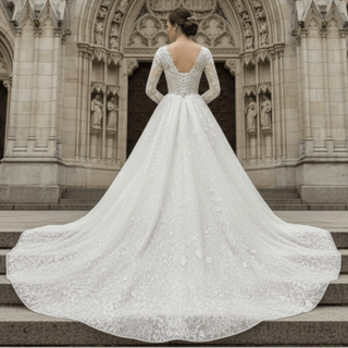 Sheer Bodice Long Sleeve Ball Gown Lace Overlay Wedding Dress - Rosymae