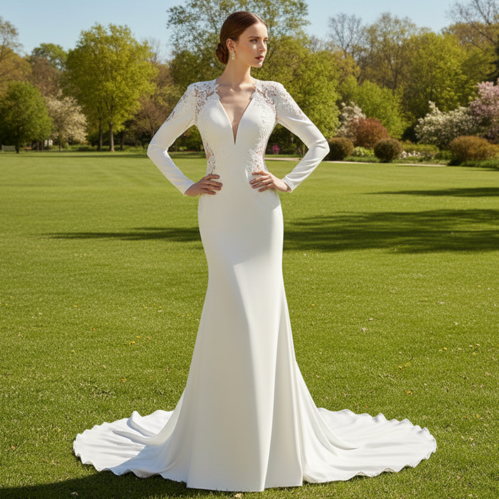 Long Sleeve Sheer High Back Fit Flare Wedding Dress Bridal Gown Rosymae Long Sleeve Sheer High Back Fit Flare Wedding Dress Bridal Gown Rosymae