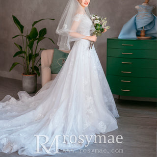 A-line Tulle Lace Off Shoulder Wedding Dress with Sheer Bodice