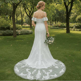 Sheer Bodice Off Shoulder Fit and Flare Mermaid Wedding Dress - Rosymae