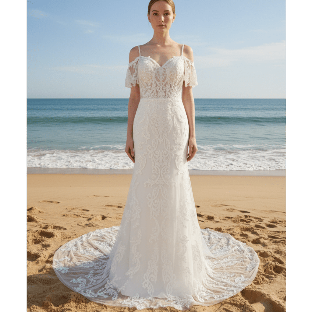 Sheer Bodice Off Shoulder Fit and Flare Mermaid Wedding Dress - Rosymae