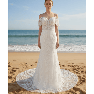 Sheer Bodice Off Shoulder Fit and Flare Mermaid Wedding Dress - Rosymae
