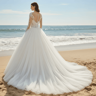 Sheer Bodice Puffy Skirt Tulle Wedding Dress with Long Sleeve - Rosymae