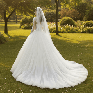 Sheer Bodice Puffy Skirt Tulle Wedding Dress with Long Sleeve - Rosymae