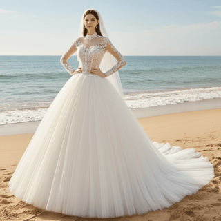 Sheer Bodice Puffy Skirt Tulle Wedding Dress with Long Sleeve - Rosymae