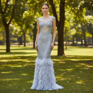 Sparkly Crystals Feather Prom Dresses Evening Gowns Grey / 14 Sparkly Crystals Feather Prom Dresses Evening Gowns Grey / 14