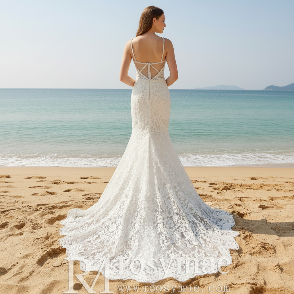 Floral Lace Mermaid-Style Wedding Dress with Spaghetti Straps and Sweetheart Neck White / Custom Size Floral Lace Mermaid-Style Wedding Dress with Spaghetti Straps and Sweetheart Neck White / Custom Size