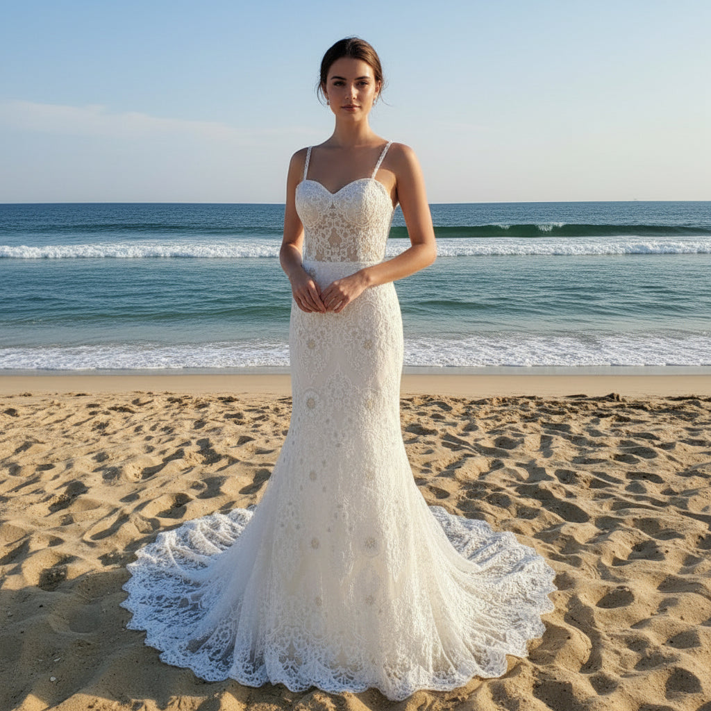 Floral Lace Mermaid-style Wedding Dress with spaghetti straps and Swee Rosymae Floral Lace Mermaid-style Wedding Dress with spaghetti straps and Swee Rosymae
