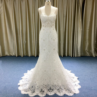 Floral Lace Mermaid-style Wedding Dress with spaghetti straps and Sweetheart Neck