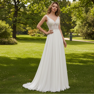 V-neck Tulle and Lace A-line Wedding Dress with Sheer Bodice