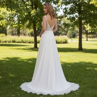 V-neck Tulle and Lace A-line Wedding Dress with Sheer Bodice