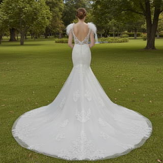 Lace Fit Flare Sheer Bodice Low Back Wedding Dress with Puffy Sleeve
