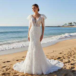 Lace Fit Flare Sheer Bodice Low Back Wedding Dress with Puffy Sleeve