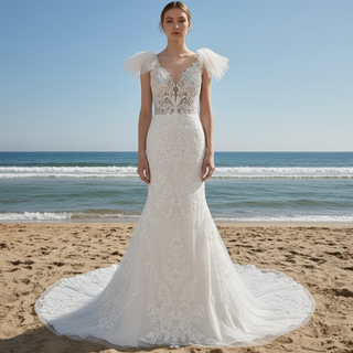 Lace Fit Flare Sheer Bodice Low Back Wedding Dress with Puffy Sleeve