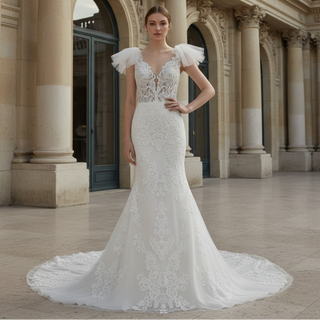 Lace Fit Flare Sheer Bodice Low Back Wedding Dress with Puffy Sleeve