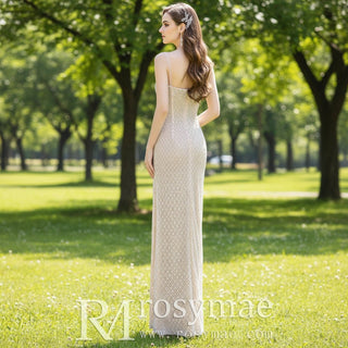 Sheer Crystals Sparkly Mermaid Evening Dress with Leg Slit - Rosymae