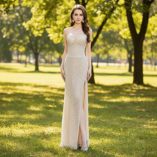 Sheer Crystals Sparkly Mermaid Evening Dress with Leg Slit - Rosymae