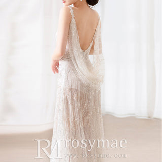 Sheer Sparkly V-Neck Lace Sheath Wedding Dress with Open Back