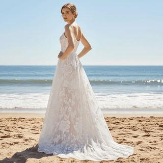 Sheer Floral Lace Wedding Dress with Spaghetti Straps - Rosymae