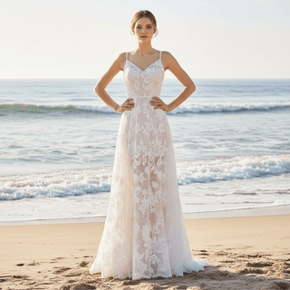 Sheer Floral Lace Wedding Dress with Spaghetti Straps - Rosymae