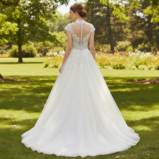 Capped Sheer Neckline A Line Wedding Dress with Lace Applique