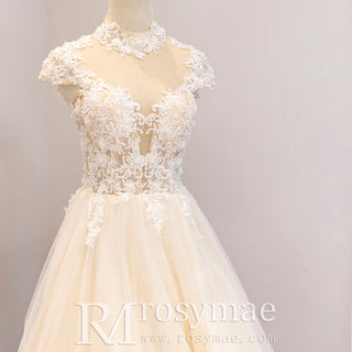 Capped Sheer Neckline A Line Wedding Dress with Lace Applique
