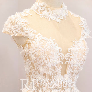 Capped Sheer Neckline A Line Wedding Dress with Lace Applique