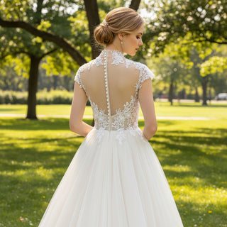 Capped Sheer Neckline A Line Wedding Dress with Lace Applique Rosymae Capped Sheer Neckline A Line Wedding Dress with Lace Applique Rosymae