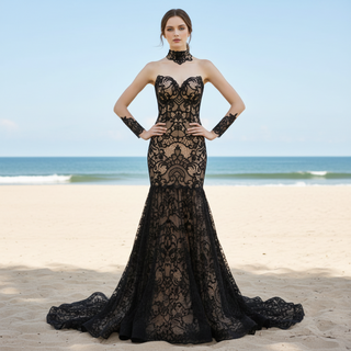 Mermaid Lace Black Wedding Dress with Sheer Long Sleeve