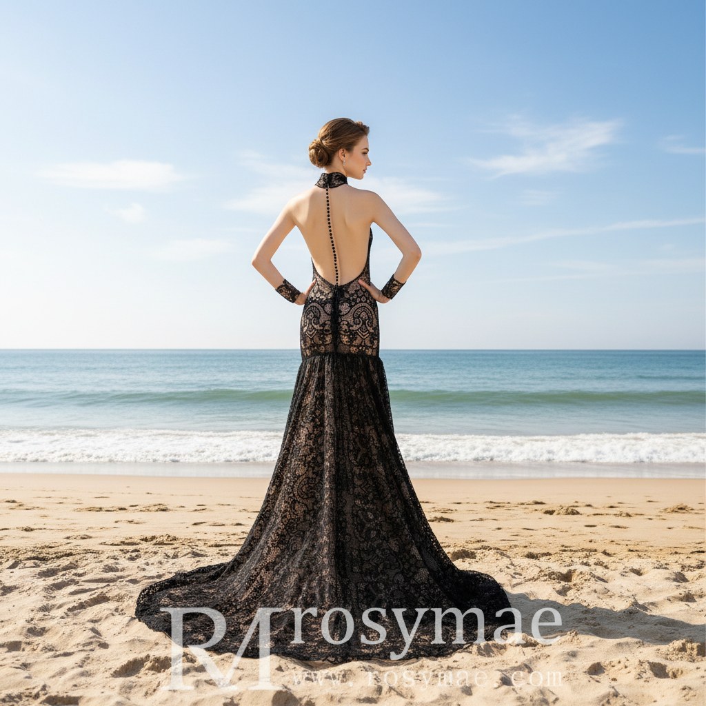 Mermaid Lace Black Wedding Dress with Sheer Long Sleeve Black / 14 Mermaid Lace Black Wedding Dress with Sheer Long Sleeve Black / 14