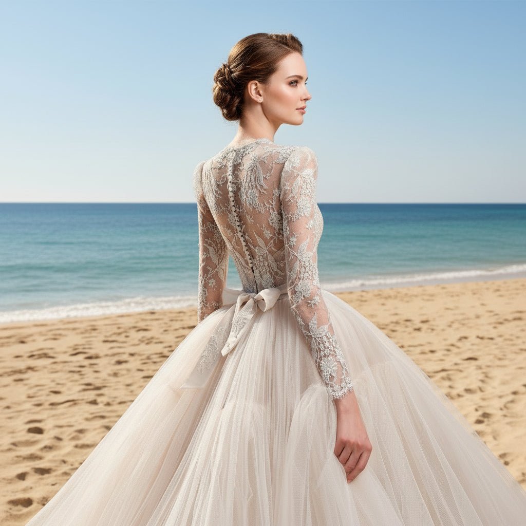 Sheer High Neck Long Sleeve Tulle Wedding Dress with Puffy Skirt - Rosymae
