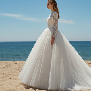 Sheer High Neck Long Sleeve Tulle Wedding Dress with Puffy Skirt - Rosymae